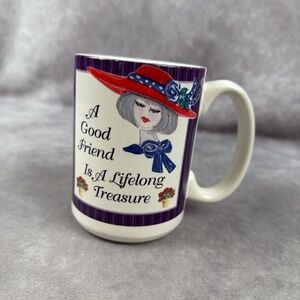 Linda Grayson Treasured Friend Quote Mug Red Hat Society Purple Lady